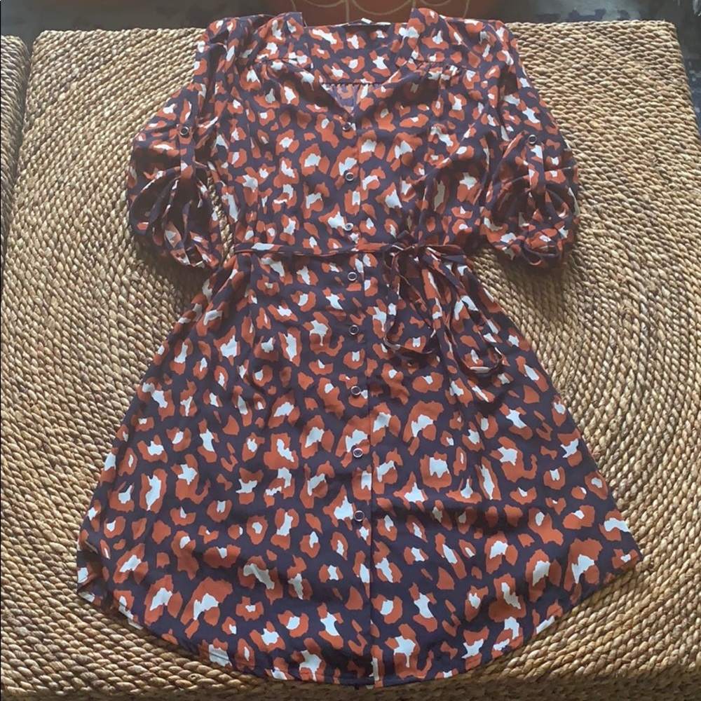 Navy and Fawn Organic Print Belted Shirtdress